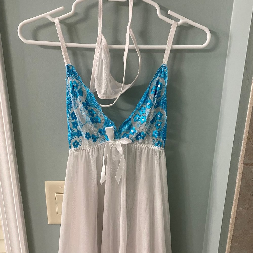 White and Blue Lingerie Set with Matching G String